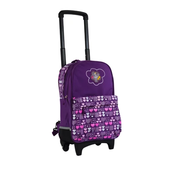 purple trolley school backpack on wheels