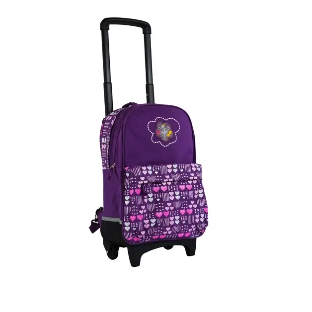 purple trolley school backpack on wheels