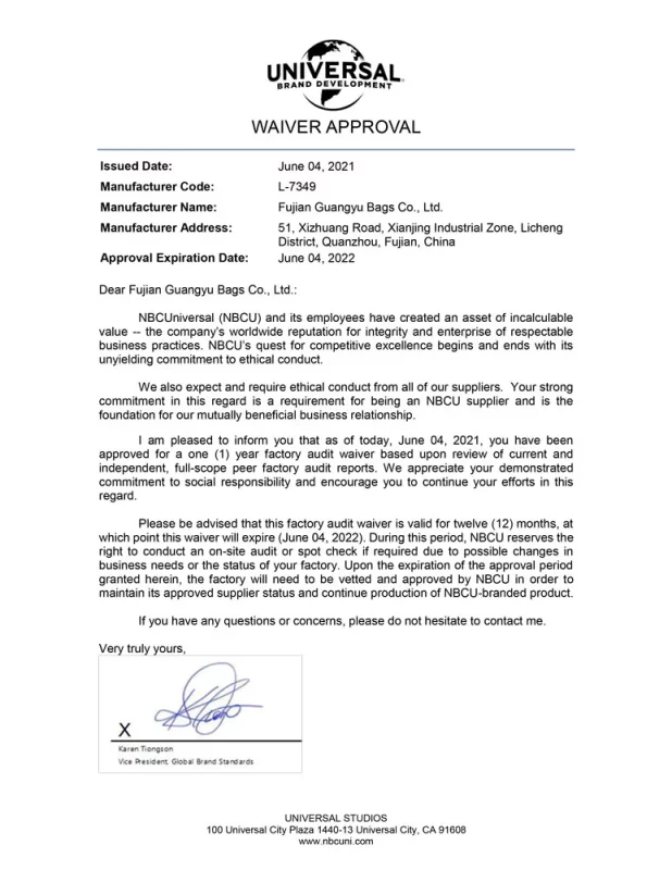 fujian guangyu bags co., ltd. 1 year waiver approval letter